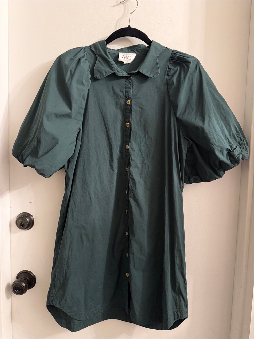 Bird & Knoll Womens Maude Mini Dress puff sleeve green small